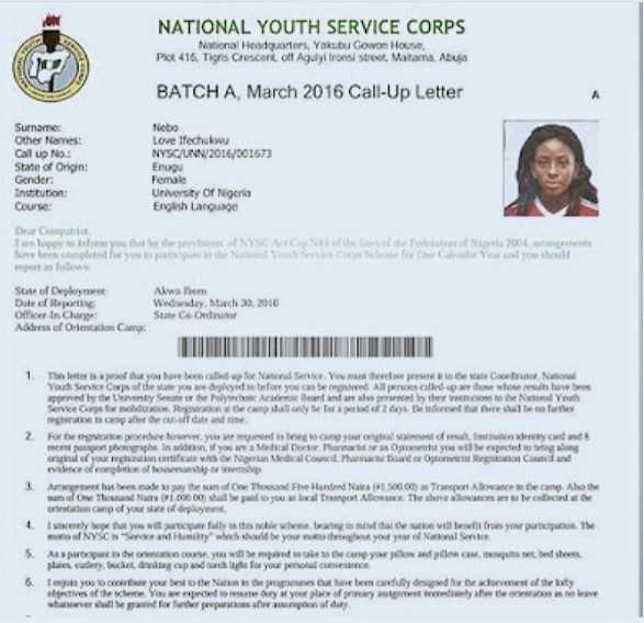 nysc call-up letter