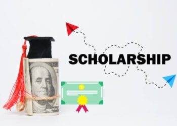 A picture of fake money wearing mortarboard certificate illustration and moving paper rocket with the word scholarship.